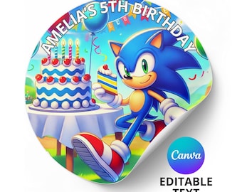 Pegatinas de taza de cumpleaños con texto editable e imprimible, pegatinas de Sonic para fiesta de cumpleaños, pegatinas de agradecimiento por cumpleaños, plantilla Canva para pegatinas de Sonic