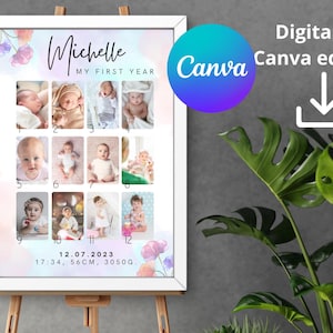 Affiche de première année de bébé, bannière mensuelle de fête d’anniversaire modifiable, photos de bébé Canva de 12 mois, affiche d’image mensuelle 1er anniversaire
