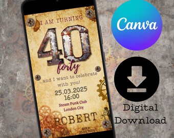 E-Card Canva template SteamPunk, digital, invitation canva template, birthday invitation 20 30 40 50 60, Steam Punk Style Birthday