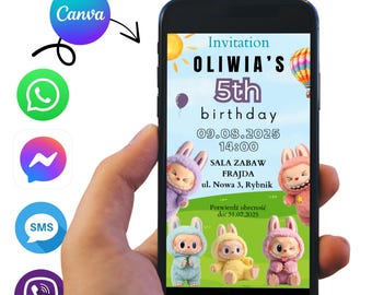 LaBubu Fufu Editable Canva template mobile card, La Bubu kids digital birthday, invitation canvas template, birthday invitation, E-card