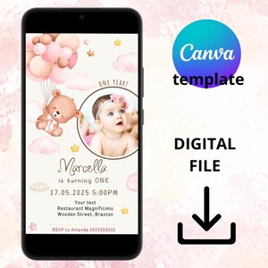 E-Card Canva template mobile card, One year kids digital birthday invitation, invitation canvas template, balloons birthday invitation girl