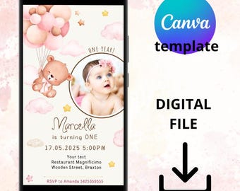 E-Card Canva template mobile card, One year kids digital birthday invitation, invitation canvas template, balloons birthday invitation girl