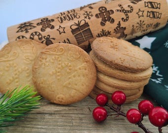 Großer Nudelholz, gravierter Nudelholz, Muster auf Keksen, Walze mit graviertem Muster, Weihnachtsplätzchenwalze, tiefe Gravurwalze