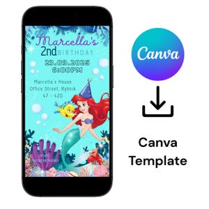 E-Card , E-Card Canva template mobile card, Ariel kids digital birthday invitation, invitation canvas template, mermaid digital card