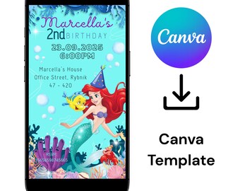 E-Card , E-Card Canva template mobile card, Ariel kids digital birthday invitation, invitation canvas template, mermaid digital card