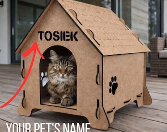 Wooden Dog or Cat House DIY | Personalized Pet Name | Tool-Free Assembly | Modern Indoor Pet Bed SVG | laser cut cat house dxf
