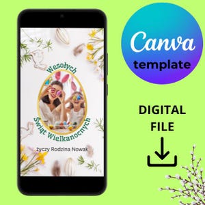 Modèle de carte de Pâques modifiable, carte électronique de Pâques Canva, photo de carte de Pâques mobile, carte de vœux de Pâques personnalisée DIY, modèle Canva modifiable