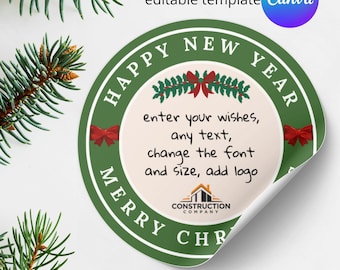 Canva-Vorlage: Bearbeitbarer Weihnachtsaufkleber mit Firmenlogo und Weihnachtsgrüßen