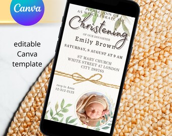 E-Card Baptism Christening Canva template mobile card, Vintage Baptism digital invitation, invitation canvas template, Baptism editable
