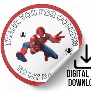 Puede incluir: Pegatina de agradecimiento de Spider-Man roja y azul con el texto "Gracias por venir a mi fiesta".