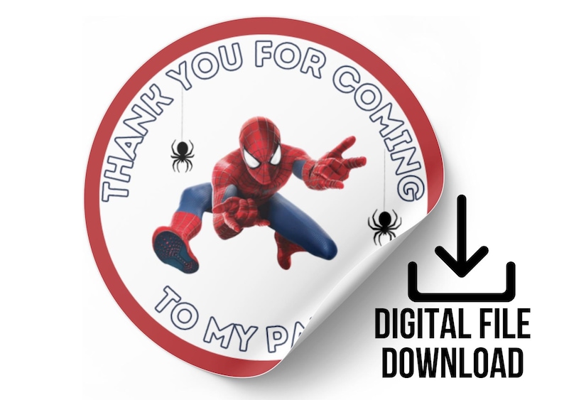 Puede incluir: Pegatina de agradecimiento de Spider-Man roja y azul con el texto "Gracias por venir a mi fiesta".