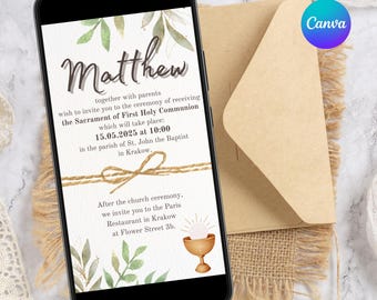 E-Card Heilige Kommunion, Canva Vorlage Mobile Karte, Rustikale Heilige Kommunion digitale Einladung, Canvas Vorlage, Erstkommunion