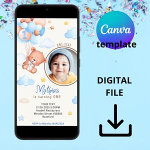 E-Card Canva template mobile card, One year kids digital birthday invitation, invitation canvas template, balloons birthday invitation