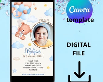 E-Card Canva template mobile card, One year kids digital birthday invitation, invitation canvas template, balloons birthday invitation