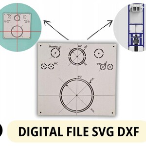 Może przedstawiać: Cyfrowy plik graficzny ze schematem dla armatury łazienkowej. Projekt zawiera okrągłe i prostokątne kształty z wymiarami oraz tekst "DIGITAL FILE SVG DXF".
