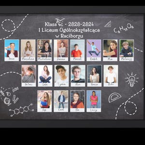May include: A black chalkboard with white text and drawings. The text reads "Klasa 4c - 2020-2024 I Liceum Og&oacute;lnokształcące w Raciborzu C6H12O6". There are 16 small photos of students arranged in a grid.