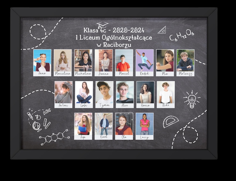 May include: A black chalkboard with white text and drawings. The text reads "Klasa 4c - 2020-2024 I Liceum Og&oacute;lnokształcące w Raciborzu C6H12O6". There are 16 small photos of students arranged in a grid.
