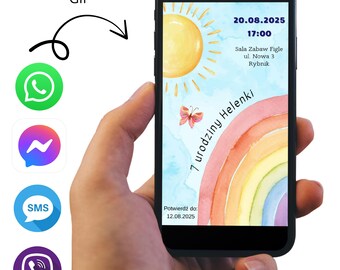 E-Card Animiertes GIF Canva Vorlage Mobile Karte, Regenbogen Kinder digitaler Geburtstag, Einladung Canvas Vorlage, Schmetterling Geburtstagseinladung