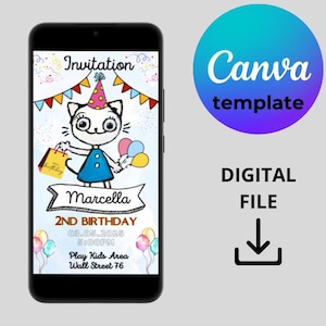 Kitty Kotty E-Card Canva template mobile card, Kitty Kotty kids digital birthday invitation, invitation canvas template, birthday invitation