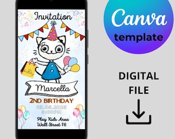 Kitty Kotty E-Card Canva Vorlage mobile Karte, Kitty Kotty Kinder digitale Geburtstagseinladung, Einladung Leinwand Vorlage, Geburtstagseinladung