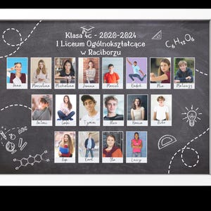 May include: A black chalkboard with white lettering and drawings. The chalkboard has a white frame and is filled with photos of students. The text on the chalkboard reads "Klasa 4c - 2020-2024 1 Liceum Og&oacute;lnokształcące w Raciborzu C6H12O6".