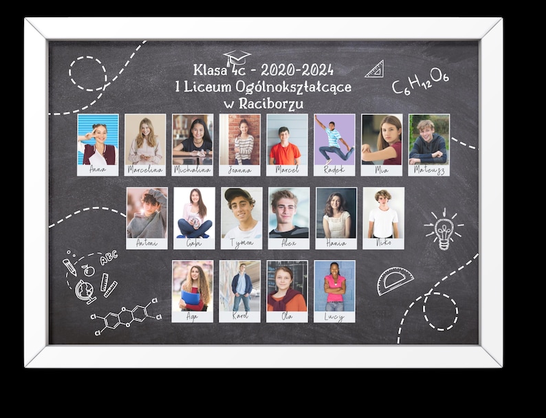 May include: A black chalkboard with white lettering and drawings. The chalkboard has a white frame and is filled with photos of students. The text on the chalkboard reads "Klasa 4c - 2020-2024 1 Liceum Og&oacute;lnokształcące w Raciborzu C6H12O6".