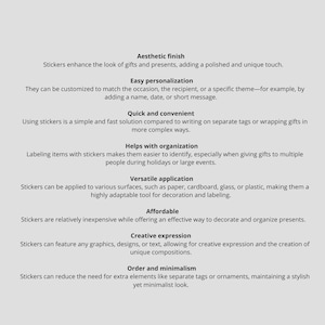 Puede incluir: Una lista de los beneficios de usar pegatinas, que incluyen acabado est&eacute;tico, personalizaci&oacute;n f&aacute;cil, rapidez y comodidad, ayuda a la organizaci&oacute;n, aplicaci&oacute;n vers&aacute;til, asequibilidad, expresi&oacute;n creativa y orden y minimalismo.
