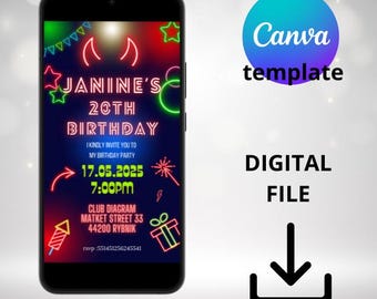 E-Card, E-Card Canva Vorlage Mobile Card, digitale Neon-Geburtstagseinladung, Einladungs-Canvas-Vorlage, Neon-Geburtstagseinladung 18 20 30