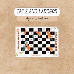 May include: A black and white game board with a fox theme. The board is divided into squares with numbers and letters. There are ladders and slides on the board. The game is called "Tails & Ladders" and is for ages 4-5. The text "Phase 1 phonics" is at the bottom of the board.