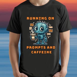 May include: Black t-shirt featuring a cartoon robot with a coffee cup. The text "RUNNING ON PROMPTS AND CAFFEINE" is printed in orange. The robot is blue with a white outline. The background shows a sunset over the sea.