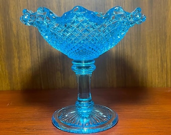 Westmoreland Aqua Blue Footed Compote Diamond Point English Hobnail Ruffled RARE