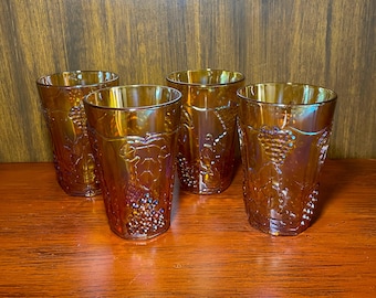 Colony Harvest Carnival Amber Coolers Set Vintage Grapes Tumblers Retro