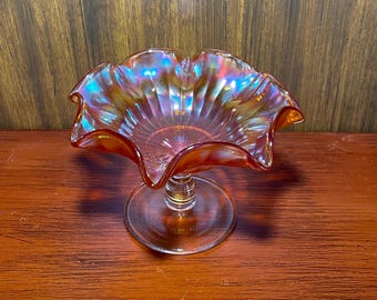Vintage Iridescent Amber Art Glass Candy Dish Footed Compote