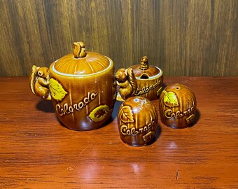Vintage Thriftco Golden Aspen Brown Colorado Salt and Pepper Ceramic Shakers Set Souvenir Keepsake