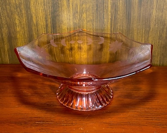 Vintage Pink Depression Glass Pedestal Bowl, Floral Etched Lancaster Bowl