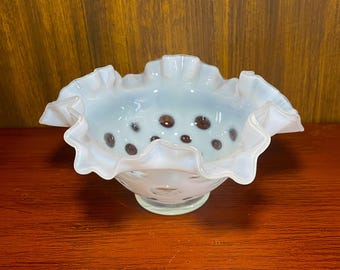 Vtg Fenton White Opalescent Clear Coin Dot Ruffled Edge Glass Bowl
