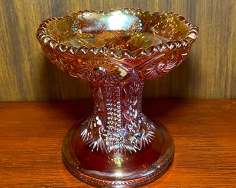 Vintage Marigold Amber Luster Carnival Glass Compote Vase Imperial Hobstar