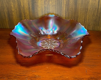 DUGAN Marigold Carnival Glass COSMOS VARIANT Ruffled Bowl 10" wide 3.5" high