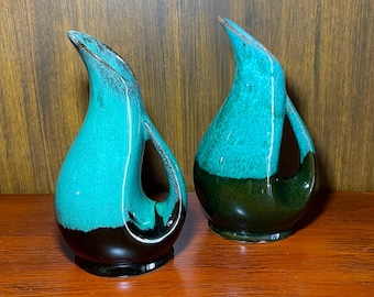 Evangeline Canadian Art Pottery 992 Vase Pitcher Jug Teal Brown Drip 6.5 Inches