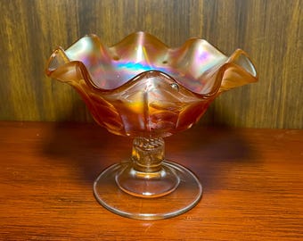 Dugan Marigold Coin Spot Ruffled Carnival Glass Compote - Chip in Base