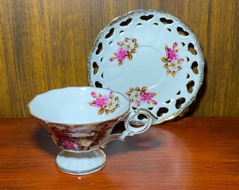 UCAGCO Ceramic Pedestal Cup and Saucer: Pink Roses, Gold Trim