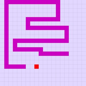Może przedstawiać: Projekt labiryntu w jasnym kolorze magenta na jasnofioletowym tle w kratkę. Mały czerwony kwadrat znajduje się na końcu labiryntu. Labirynt to prosta, prostokątna ścieżka z kilkoma zakrętami i ślepymi uliczkami.