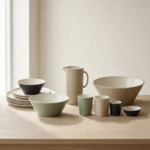 May include: A collection of ceramic tableware including a speckled pitcher, a large speckled bowl, a stack of plates, two medium bowls in black and sage green, and three small cups in sage green, speckled beige, and black, plus one tiny black bowl.