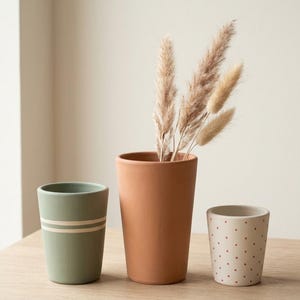 May include: Three cylindrical ceramic vessels. The left cup is sage green with two horizontal white stripes. The center vessel is terracotta-colored and holds several dried, feathery beige pampas grass stems. The right cup is cream with small red dots.