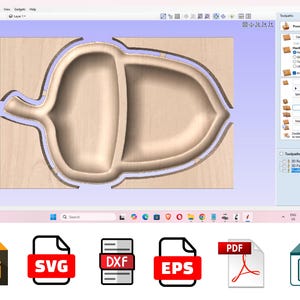 May include: A computer screen displaying a 3D model of an acorn-shaped wooden bowl. The model is being designed in a software program with a blue background. The screen also shows a menu of options for the software, including "3D Roughing", "3D Finish", and "Preview all Toolpaths".
