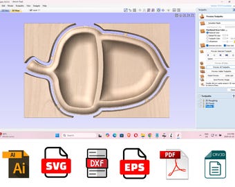 Könnte beinhalten: Ein Computerbildschirm zeigt ein 3D-Modell einer eichelförmigen Holzschale. Das Modell wird in einem Softwareprogramm mit blauem Hintergrund entworfen. Der Bildschirm zeigt auch ein Menü mit Optionen für die Software, darunter "3D Roughing", "3D Finish" und "Preview all Toolpaths".