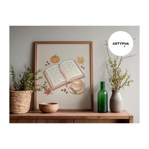 Watercolour Book Coffee Print | Cosy Autumn Reading Nook Wall Art image 3
