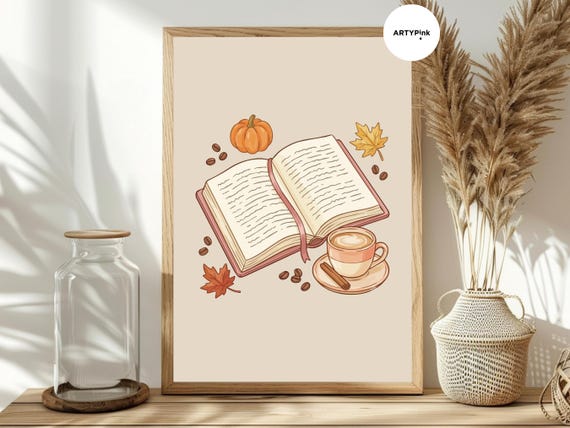Watercolour Book Coffee Print | Cosy Autumn Reading Nook Wall Art