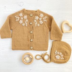PDF Knitting Pattern for Embroidered Cardigan and Bonnet, Baby and Toddler sizes - KENSI
