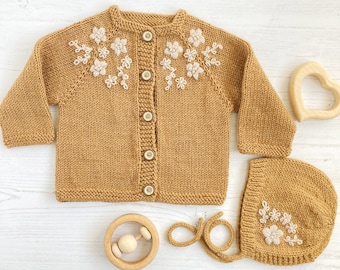 PDF Knitting Pattern Embroidered Cardigan and Bonnet for Baby or Toddler - KENSI